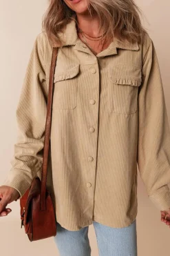 Fashion Dear-Lover Solid Frilled Flap Pocket Button Up Corduroy Shacket Light French Beige