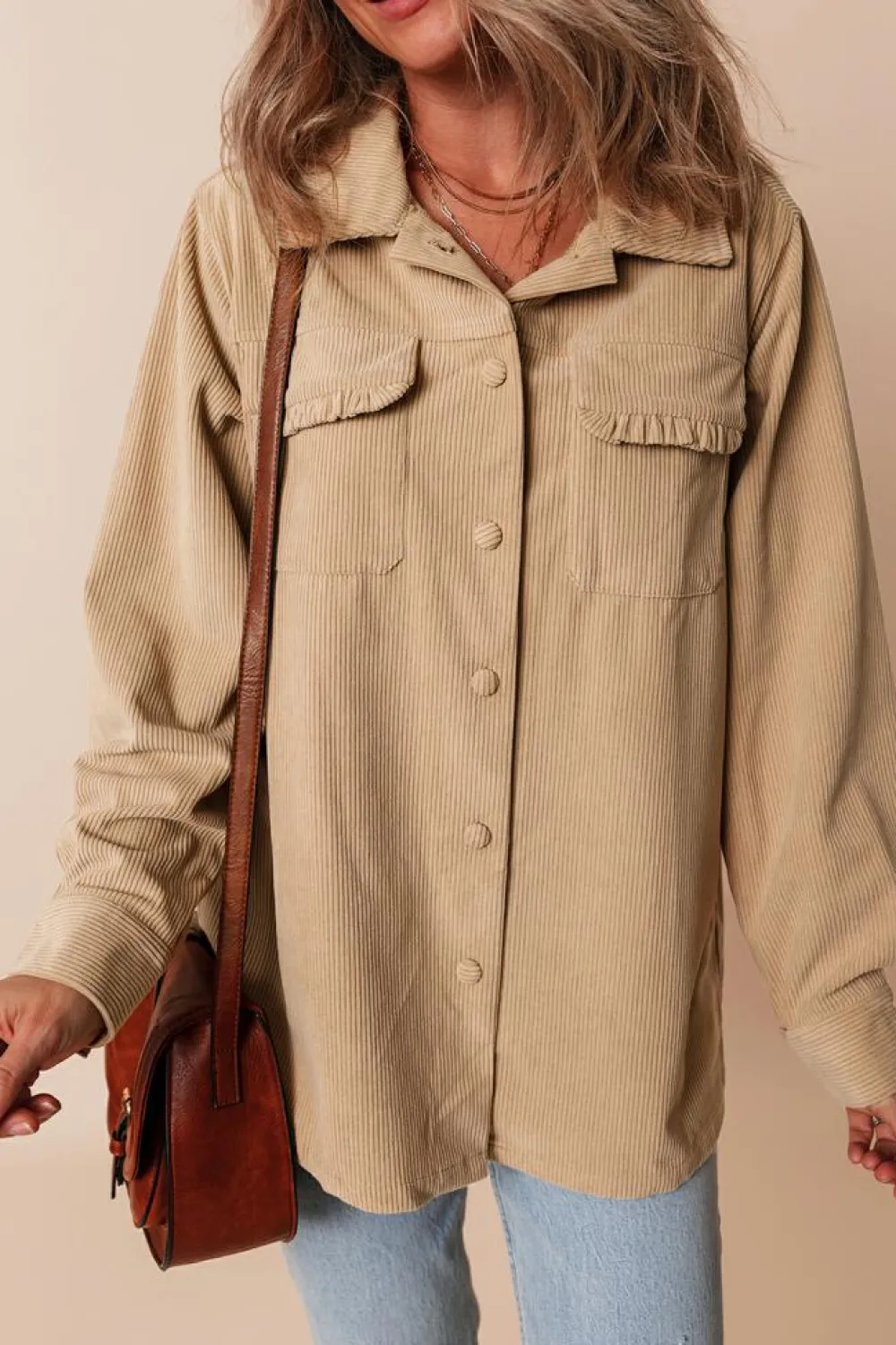 Fashion Dear-Lover Solid Frilled Flap Pocket Button Up Corduroy Shacket Light French Beige