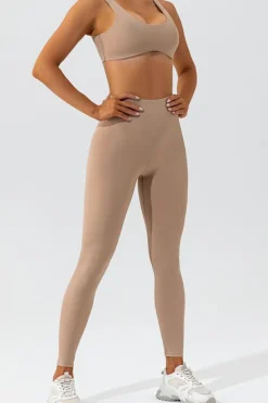 Clearance Dear-Lover Solid Color Active Bra and High Waist Leggings Workout Set Light French Beige