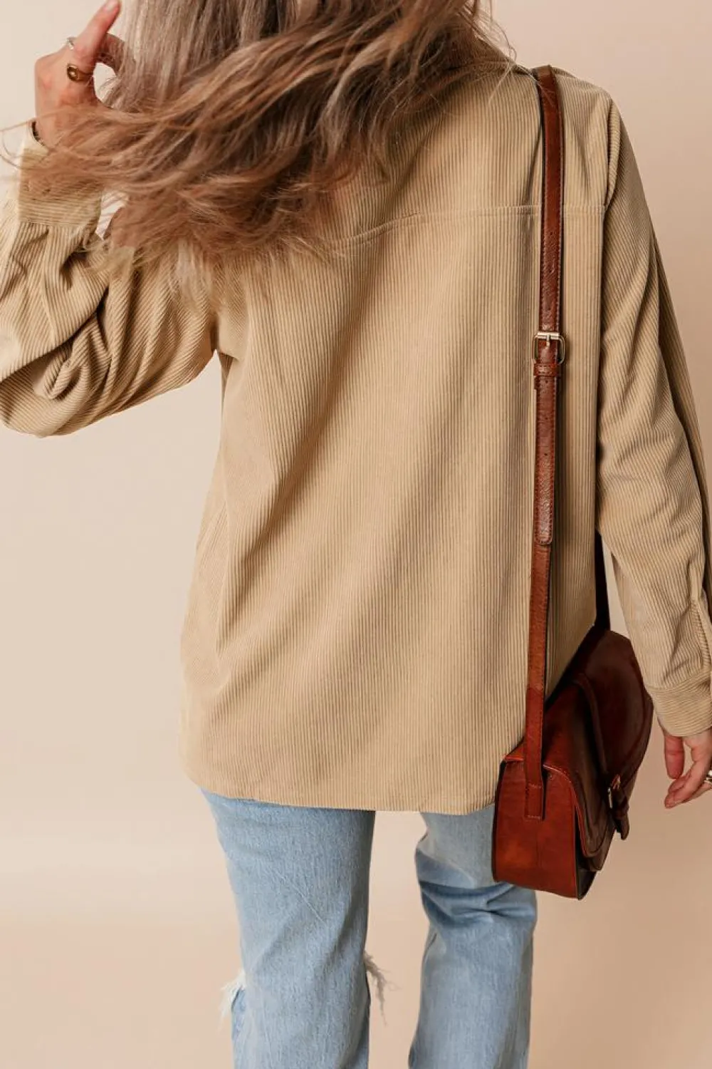 Fashion Dear-Lover Solid Frilled Flap Pocket Button Up Corduroy Shacket Light French Beige