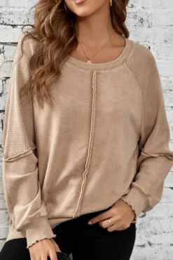 Clearance Dear-Lover Solid Waffle Knit Patchwork Raglan Sleeve Sweatshirt Light French Beige