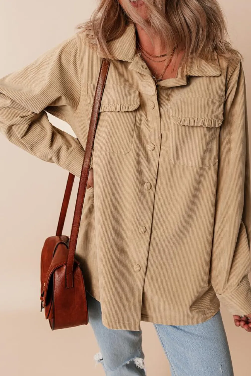 Fashion Dear-Lover Solid Frilled Flap Pocket Button Up Corduroy Shacket Light French Beige