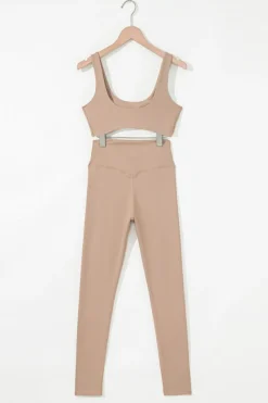 Clearance Dear-Lover Solid Color Active Bra and High Waist Leggings Workout Set Light French Beige