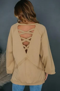 Clearance Dear-Lover Solid Color Lattice Hollow Out Back Sweatshirt Light French Beige