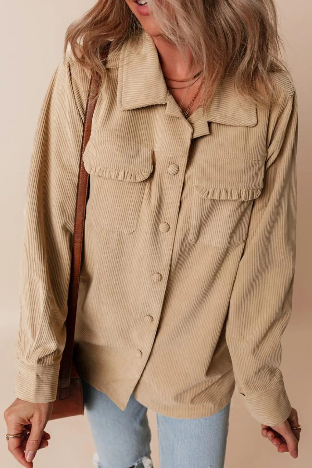 Fashion Dear-Lover Solid Frilled Flap Pocket Button Up Corduroy Shacket Light French Beige