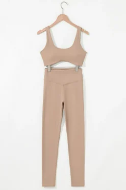 Clearance Dear-Lover Solid Color Active Bra and High Waist Leggings Workout Set Light French Beige