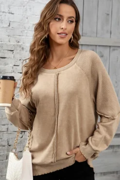 Clearance Dear-Lover Solid Waffle Knit Patchwork Raglan Sleeve Sweatshirt Light French Beige
