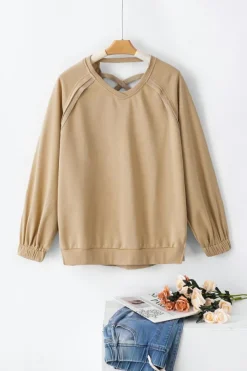 Clearance Dear-Lover Solid Color Lattice Hollow Out Back Sweatshirt Light French Beige