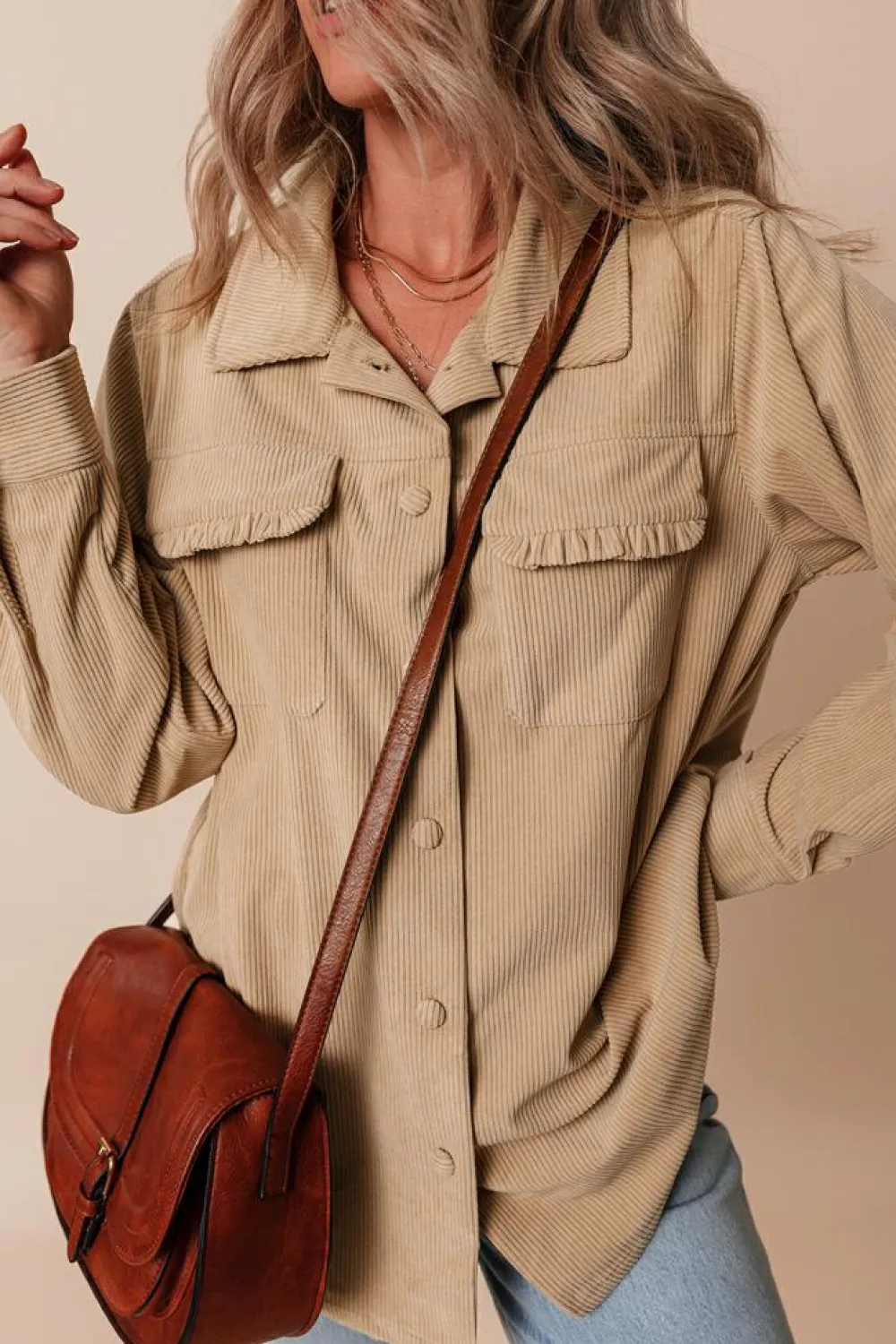 Fashion Dear-Lover Solid Frilled Flap Pocket Button Up Corduroy Shacket Light French Beige