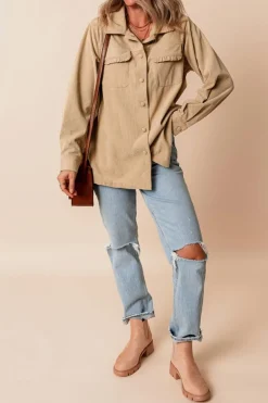 Fashion Dear-Lover Solid Frilled Flap Pocket Button Up Corduroy Shacket Light French Beige