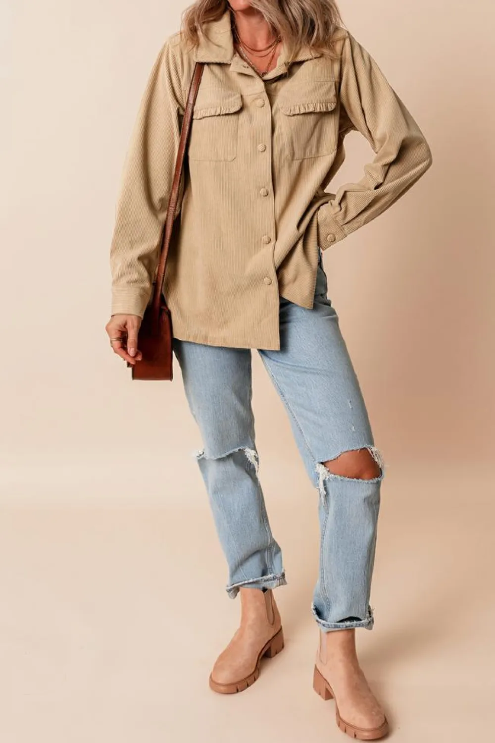 Fashion Dear-Lover Solid Frilled Flap Pocket Button Up Corduroy Shacket Light French Beige