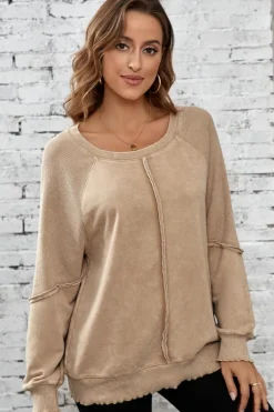 Clearance Dear-Lover Solid Waffle Knit Patchwork Raglan Sleeve Sweatshirt Light French Beige