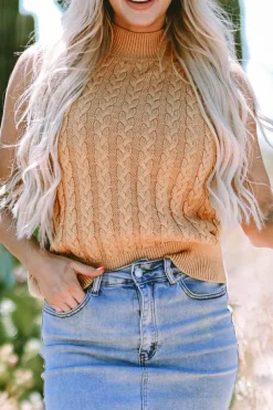 Hot Dear-Lover Solid Color Cable Knit High Neck Tank Top Light French Beige