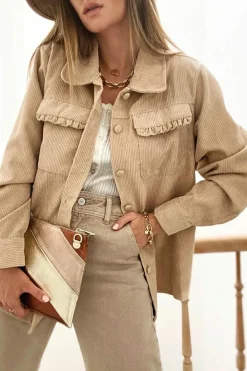 Fashion Dear-Lover Solid Frilled Flap Pocket Button Up Corduroy Shacket Light French Beige