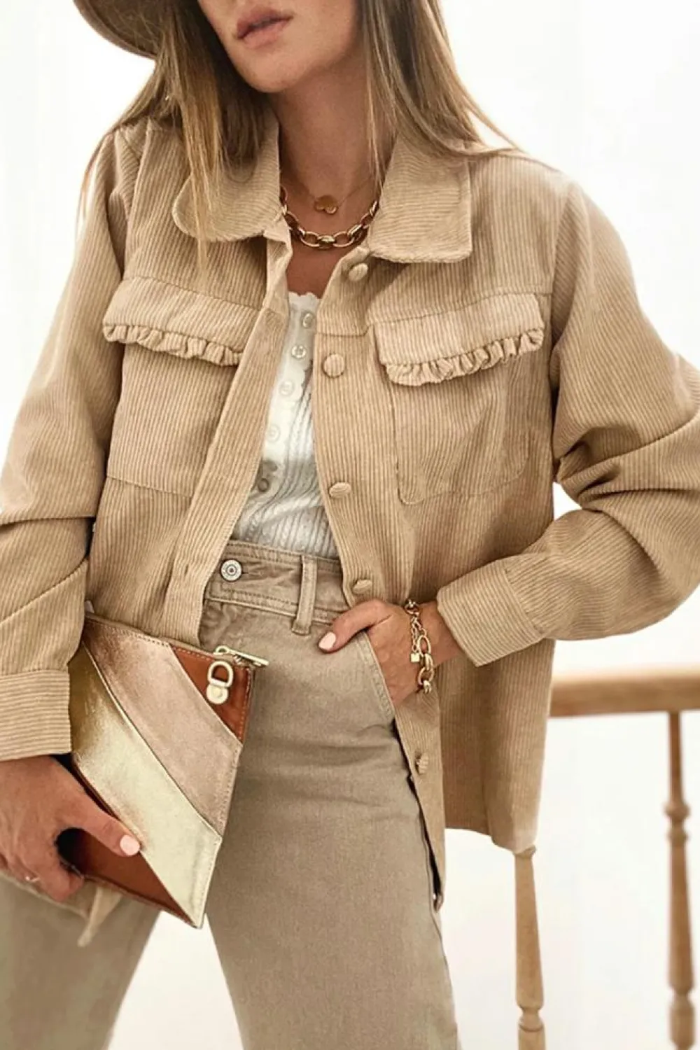 Fashion Dear-Lover Solid Frilled Flap Pocket Button Up Corduroy Shacket Light French Beige