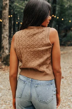 Hot Dear-Lover Solid Color Cable Knit High Neck Tank Top Light French Beige
