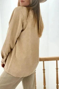 Fashion Dear-Lover Solid Frilled Flap Pocket Button Up Corduroy Shacket Light French Beige