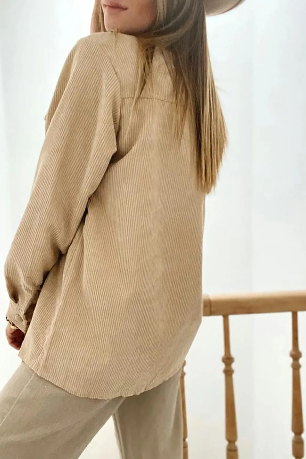 Fashion Dear-Lover Solid Frilled Flap Pocket Button Up Corduroy Shacket Light French Beige