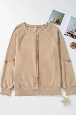 Clearance Dear-Lover Solid Waffle Knit Patchwork Raglan Sleeve Sweatshirt Light French Beige