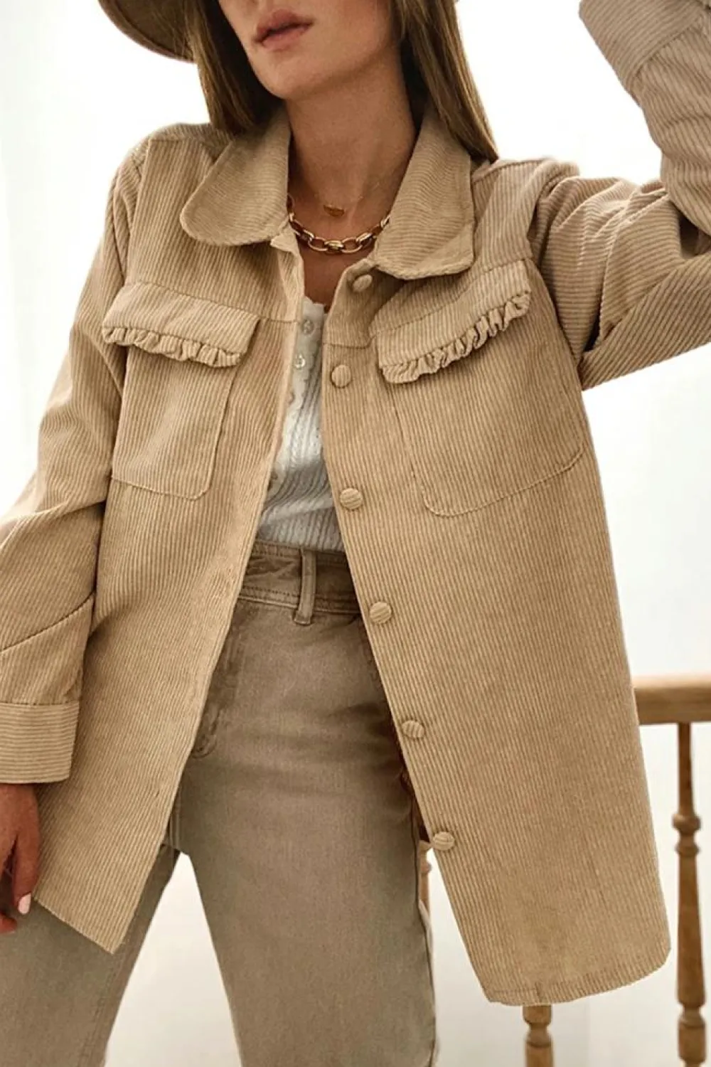 Fashion Dear-Lover Solid Frilled Flap Pocket Button Up Corduroy Shacket Light French Beige