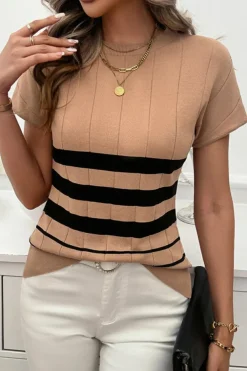 Discount Dear-Lover Striped Crew Neck Sweater T-shirt Light French Beige
