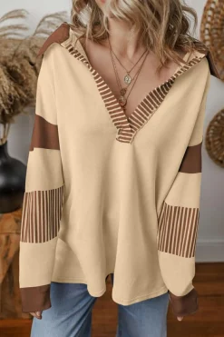Outlet Dear-Lover Striped Colorblock Patchwork Collar Sweatshirt Light French Beige