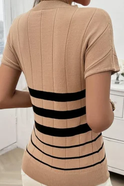 Discount Dear-Lover Striped Crew Neck Sweater T-shirt Light French Beige