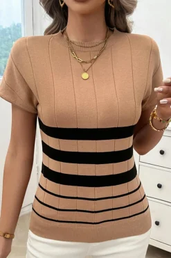 Discount Dear-Lover Striped Crew Neck Sweater T-shirt Light French Beige