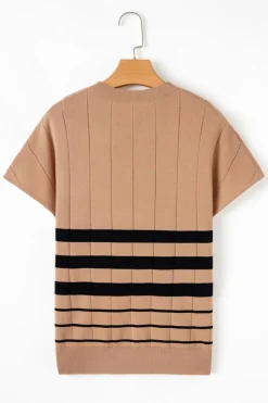 Discount Dear-Lover Striped Crew Neck Sweater T-shirt Light French Beige