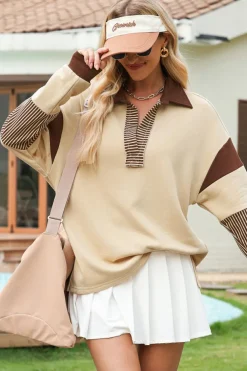Outlet Dear-Lover Striped Colorblock Patchwork Collar Sweatshirt Light French Beige
