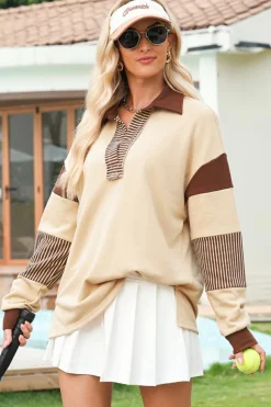 Outlet Dear-Lover Striped Colorblock Patchwork Collar Sweatshirt Light French Beige