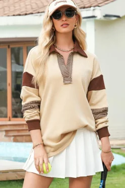 Outlet Dear-Lover Striped Colorblock Patchwork Collar Sweatshirt Light French Beige