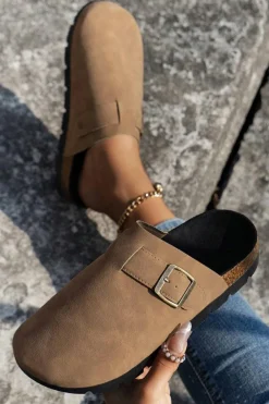 Sale Dear-Lover Suede Buckle Detail Slippers Light French Beige