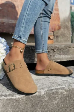 Sale Dear-Lover Suede Buckle Detail Slippers Light French Beige
