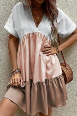 Best Dear-Lover Triple Colors V Neck Folded Cuffs Tiered Loose Dress Light French Beige