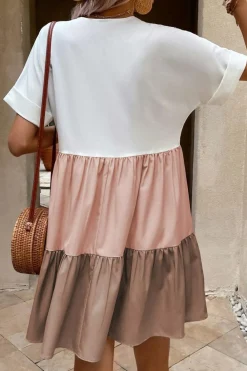 Best Dear-Lover Triple Colors V Neck Folded Cuffs Tiered Loose Dress Light French Beige