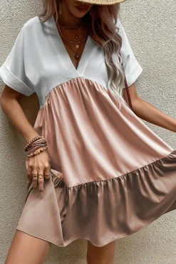Best Dear-Lover Triple Colors V Neck Folded Cuffs Tiered Loose Dress Light French Beige