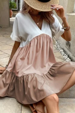 Best Dear-Lover Triple Colors V Neck Folded Cuffs Tiered Loose Dress Light French Beige