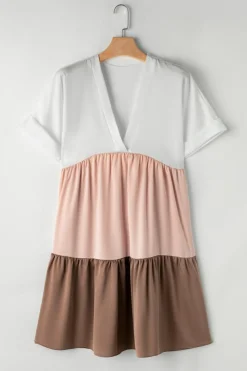 Best Dear-Lover Triple Colors V Neck Folded Cuffs Tiered Loose Dress Light French Beige
