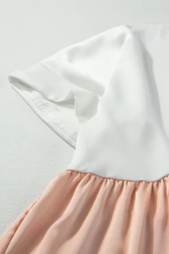 Best Dear-Lover Triple Colors V Neck Folded Cuffs Tiered Loose Dress Light French Beige