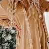 Clearance Dear-Lover Velvet Button Front Shirt Mini Dress Light French Beige