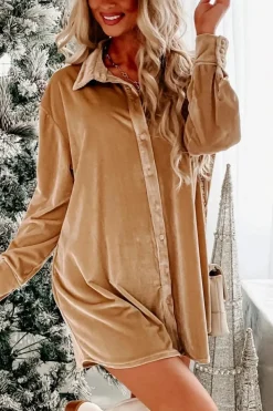 Clearance Dear-Lover Velvet Button Front Shirt Mini Dress Light French Beige