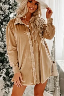 Clearance Dear-Lover Velvet Button Front Shirt Mini Dress Light French Beige