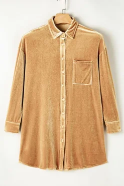 Clearance Dear-Lover Velvet Button Front Shirt Mini Dress Light French Beige