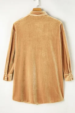 Clearance Dear-Lover Velvet Button Front Shirt Mini Dress Light French Beige
