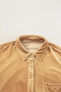 Clearance Dear-Lover Velvet Button Front Shirt Mini Dress Light French Beige