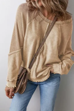 Best Dear-Lover Waffle Knit Patchwork Exposed Seam Raglan Sweatshirt Light French Beige