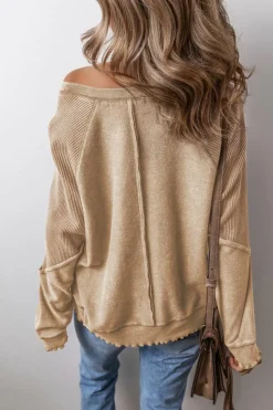 Best Dear-Lover Waffle Knit Patchwork Exposed Seam Raglan Sweatshirt Light French Beige