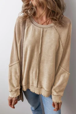 Best Dear-Lover Waffle Knit Patchwork Exposed Seam Raglan Sweatshirt Light French Beige