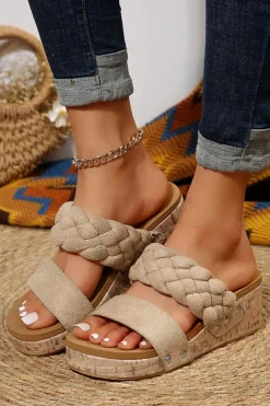 Discount Dear-Lover Woven Suede Band Wedge Slippers Light French Beige